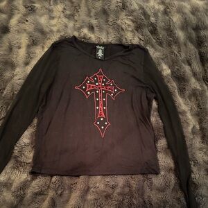 Chic Black Long Sleeve Top with Red Cross Design